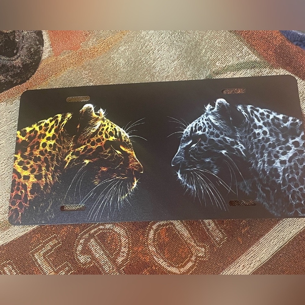 White & Yellow Leopard/ Cheetah License Plate Metal NEW Beautiful Matte Finish